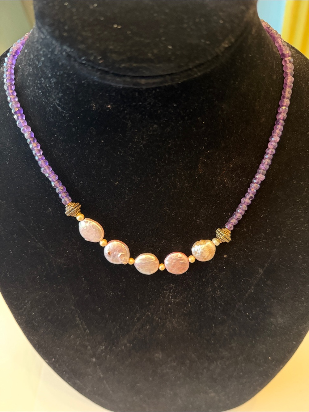 Handcrafted Purple Bead and Coin Pearl Accent Necklace
